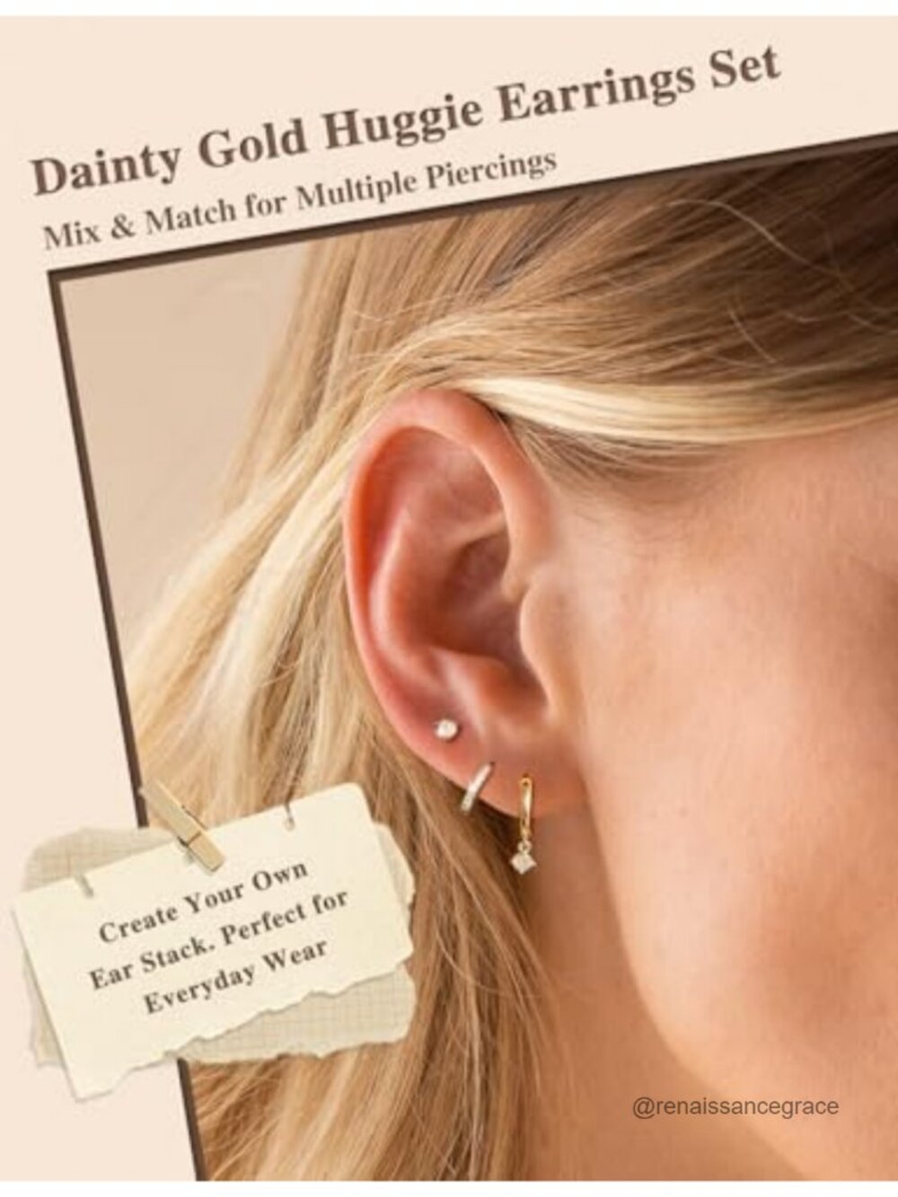 14K Gold Plated Huggie Hoop Earrings Set with CZ - 3 Pairs Hypoallergenic for